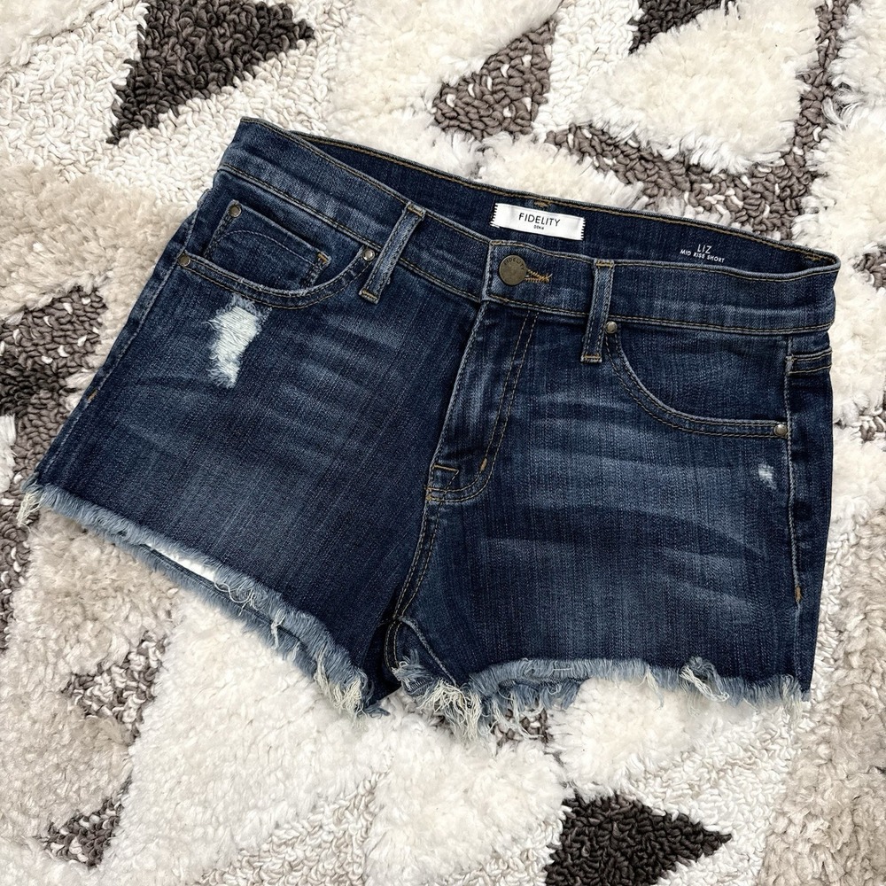 Fidelity Denim Liz Mid Rise Mini Jean Shorts 27‎ Dark Wash Cut Off Festival Wear